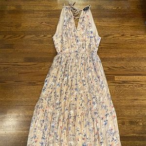 LuLu's Beige Floral Print Pleated Midi Dress